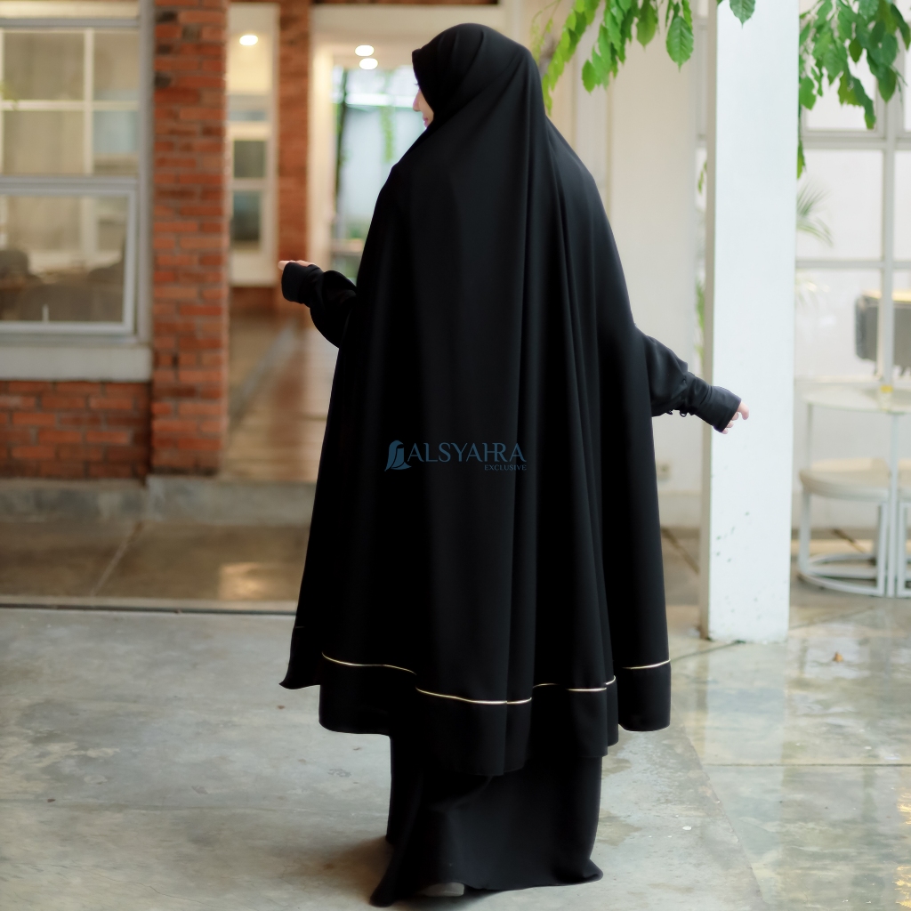 Alsyahra Exclusive - Set Long Khimar Syari Handsplit List Gold Haramain Cadar Tali Jetblack