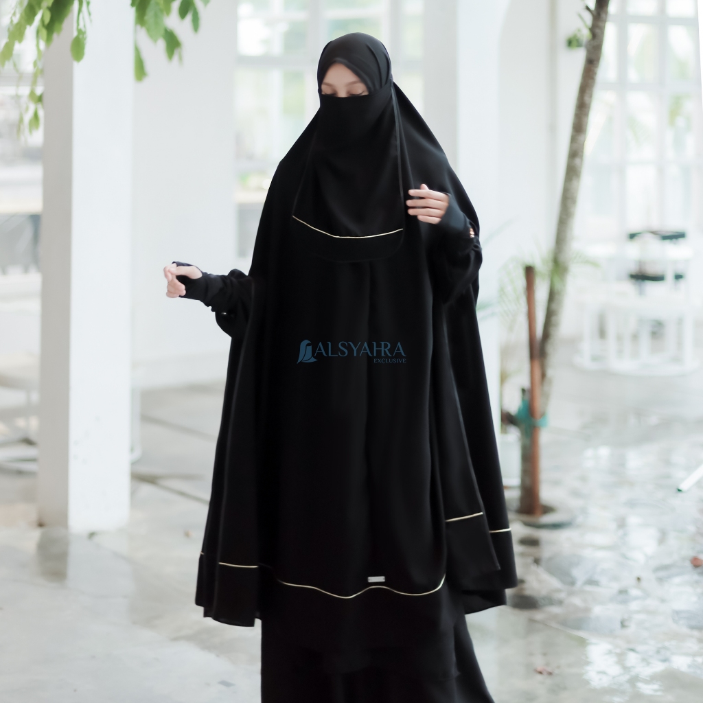 Alsyahra Exclusive - Set Long Khimar Syari Handsplit List Gold Haramain Cadar Tali Jetblack