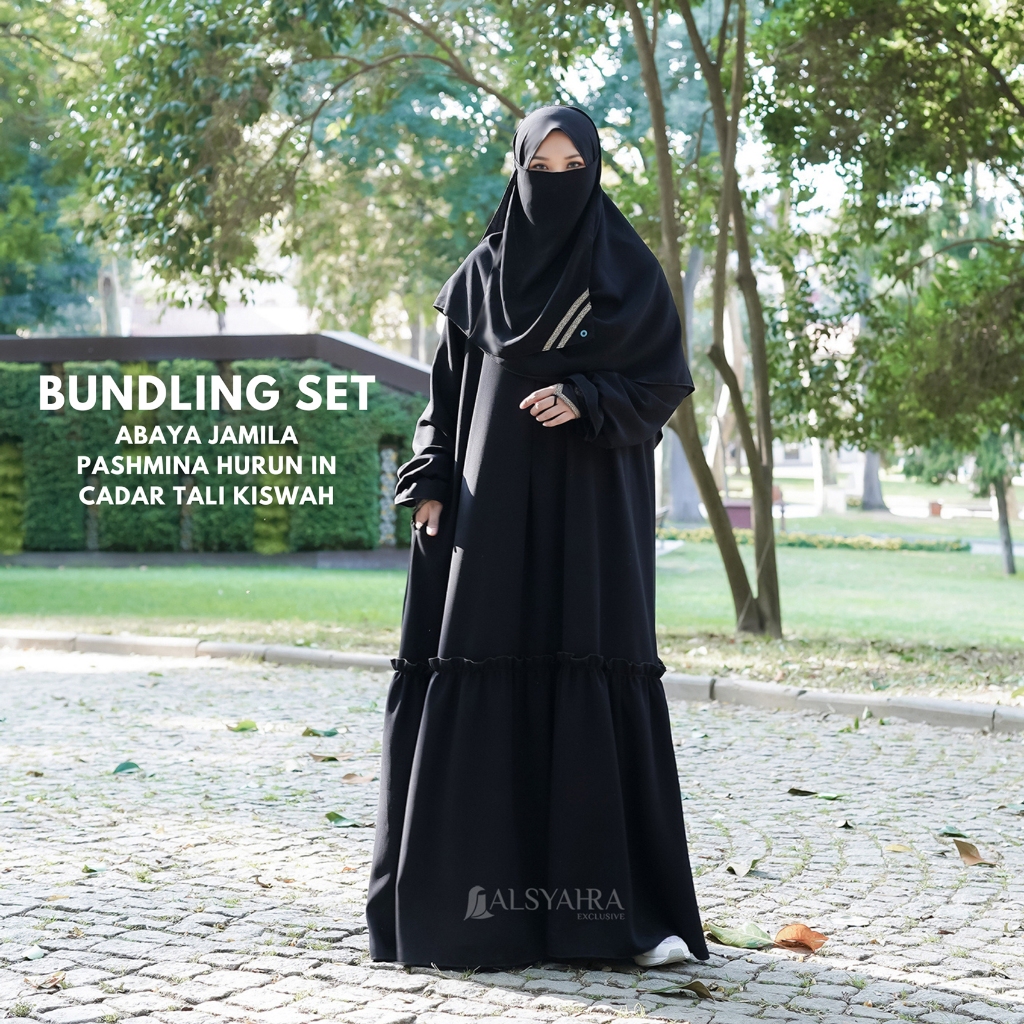 Alsyahra Exclusive BUNDLING Set Abaya Gamis Jamila Pashmina Hurun In Size L Cadar Tali Kiswah