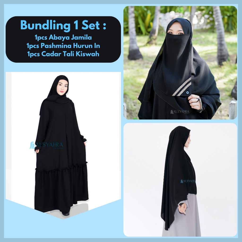 Alsyahra Exclusive BUNDLING Set Abaya Gamis Jamila Pashmina Hurun In Size L Cadar Tali Kiswah