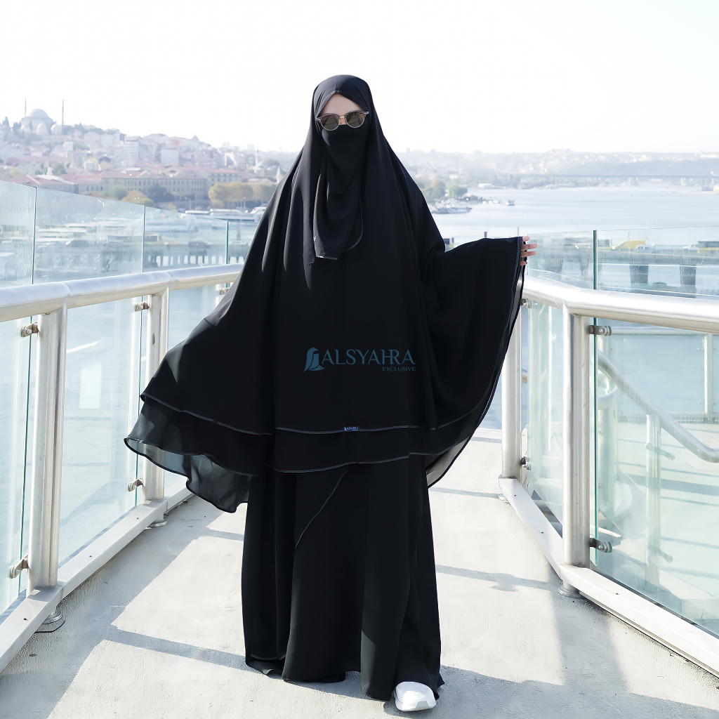 Alsyahra Exclusive - Set Khimar Syari Butterfly 2 Layer Bisban Cadar Tali Sifon Silk Jetblack Arab Size XXL