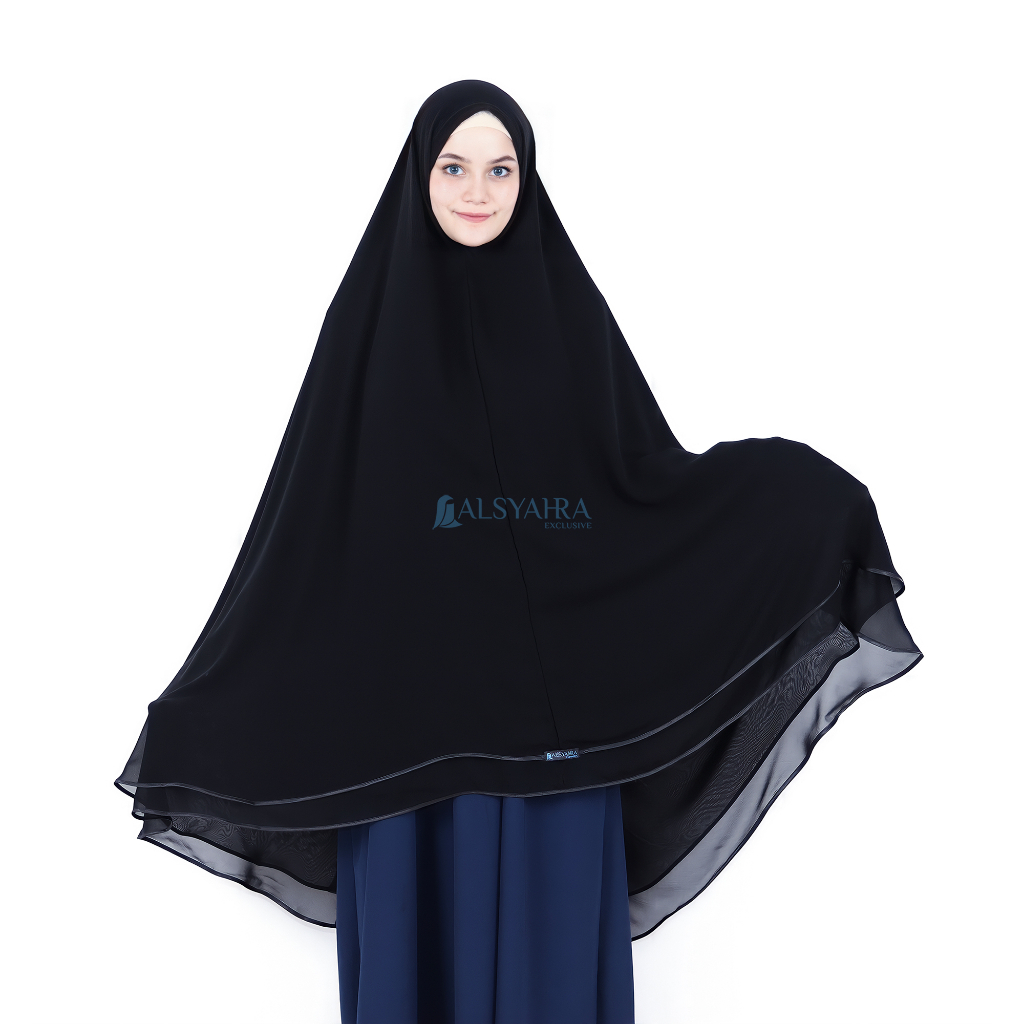 Alsyahra Exclusive - Set Khimar Syari Butterfly 2 Layer Bisban Cadar Tali Sifon Silk Jetblack Arab Size XXL