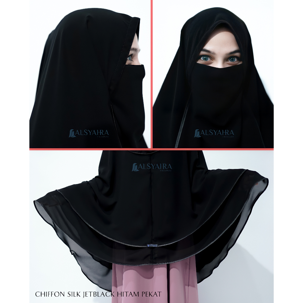 Alsyahra Exclusive - Set Khimar Syari Butterfly 2 Layer Bisban Cadar Tali Sifon Silk Jetblack Arab Size XXL