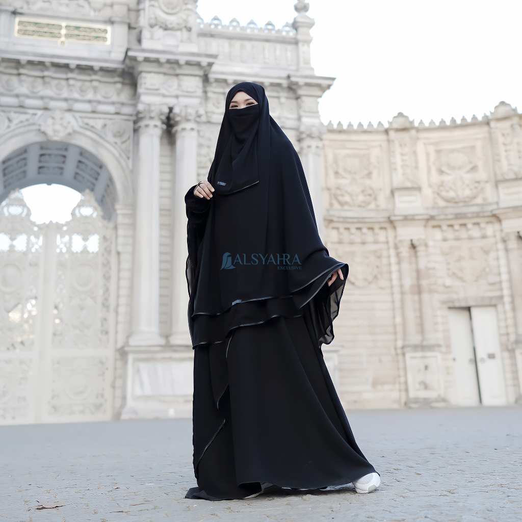 Alsyahra Exclusive - Set Khimar Syari Butterfly 2 Layer Bisban Cadar Tali Sifon Silk Jetblack Arab Size XXL