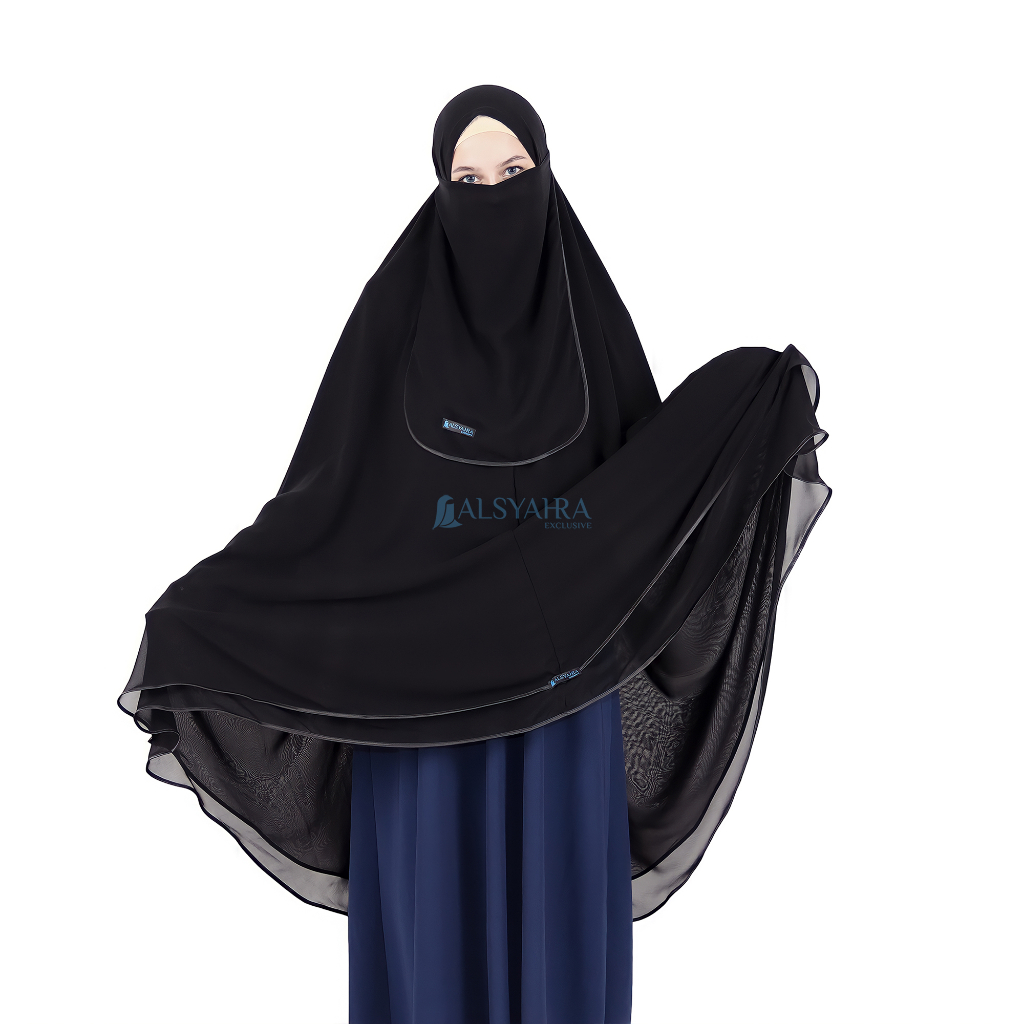 Alsyahra Exclusive - Set Khimar Syari Butterfly 2 Layer Bisban Cadar Tali Sifon Silk Jetblack Arab Size XXL