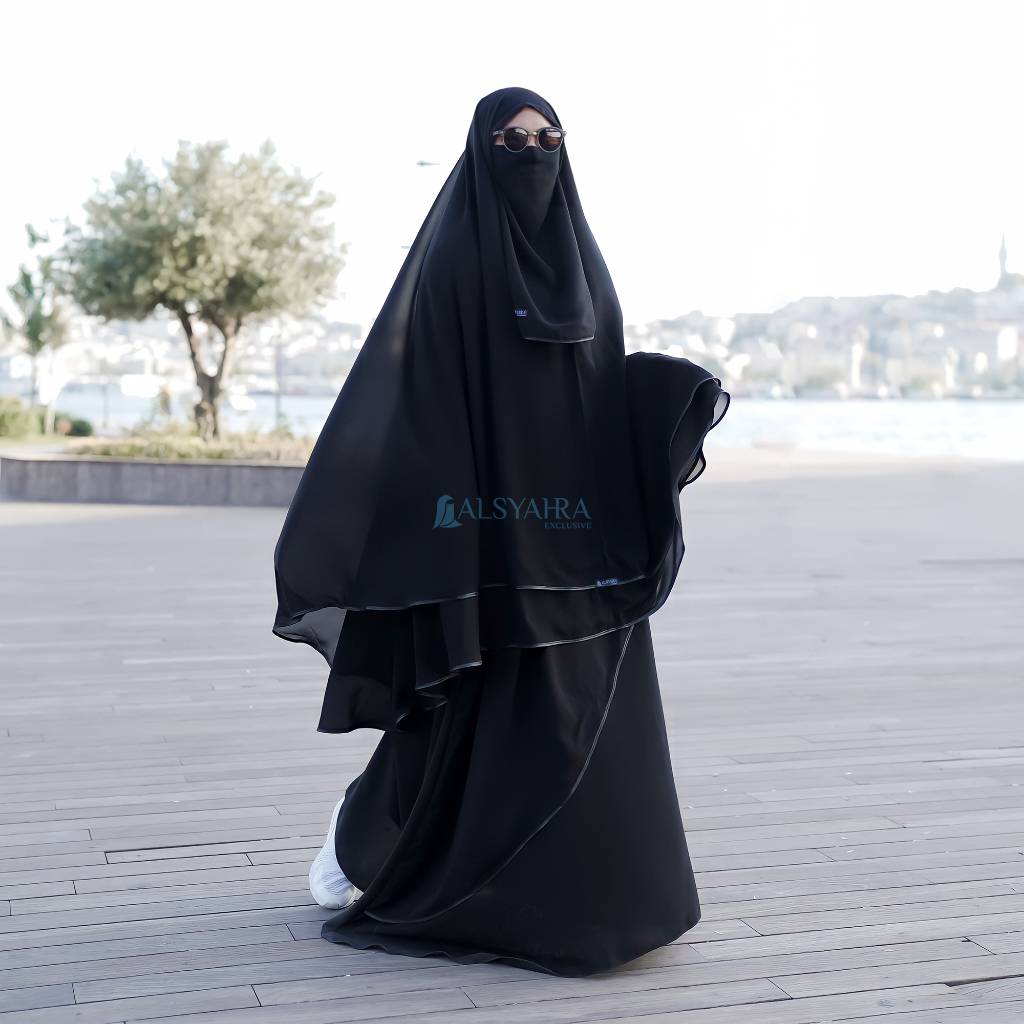 Alsyahra Exclusive - Set Khimar Syari Butterfly 2 Layer Bisban Cadar Tali Sifon Silk Jetblack Arab Size XXL