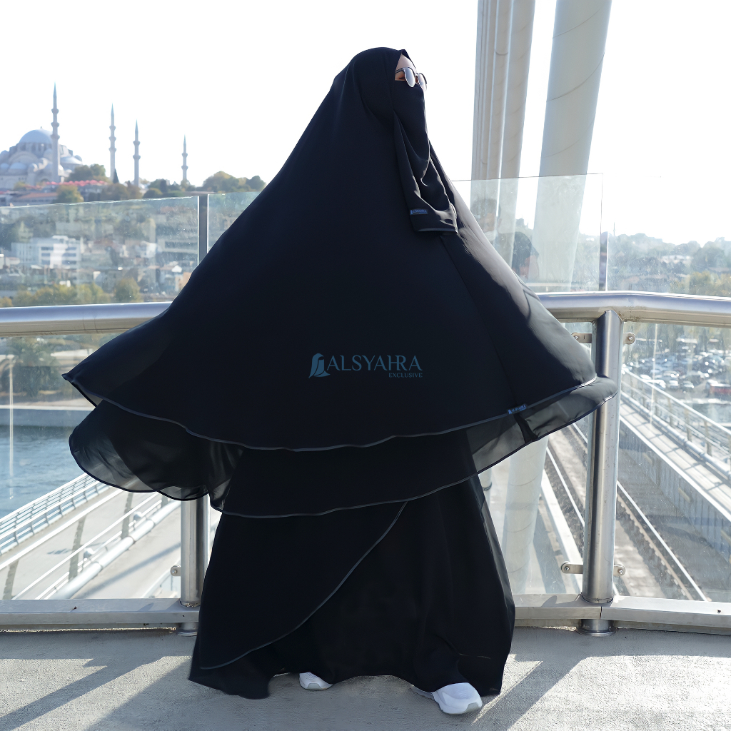 Alsyahra Exclusive - Set Khimar Syari Butterfly 2 Layer Bisban Cadar Tali Sifon Silk Jetblack Arab Size XXL