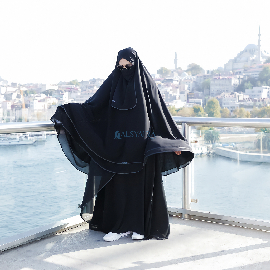 Alsyahra Exclusive - Set Khimar Syari Butterfly 2 Layer Bisban Cadar Tali Sifon Silk Jetblack Arab Size XXL