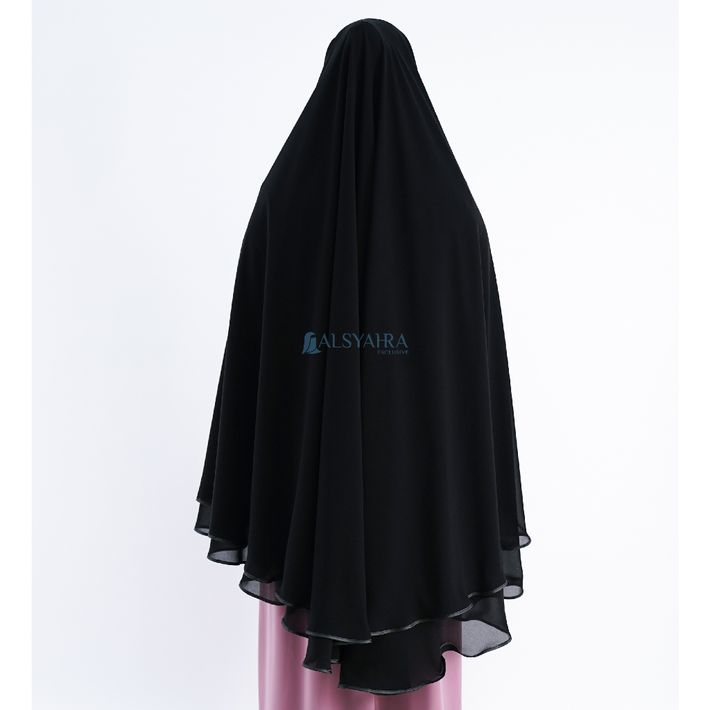 Alsyahra Exclusive - Set Khimar Syari Butterfly 2 Layer Bisban Cadar Tali Sifon Silk Jetblack Arab Size XXL