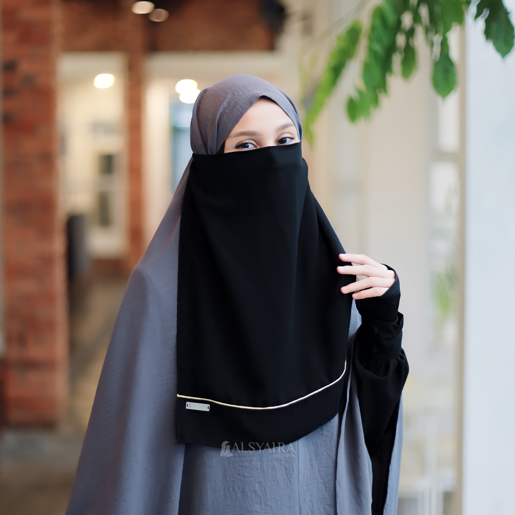 Alsyahra Exclusive - Cadar Tali Karet List Gold Sifon Silk Jetblack Arab