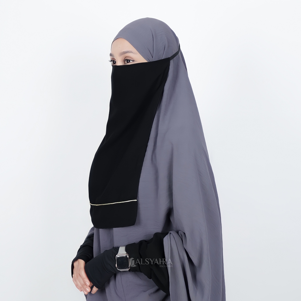 Alsyahra Exclusive - Cadar Tali Karet List Gold Sifon Silk Jetblack Arab
