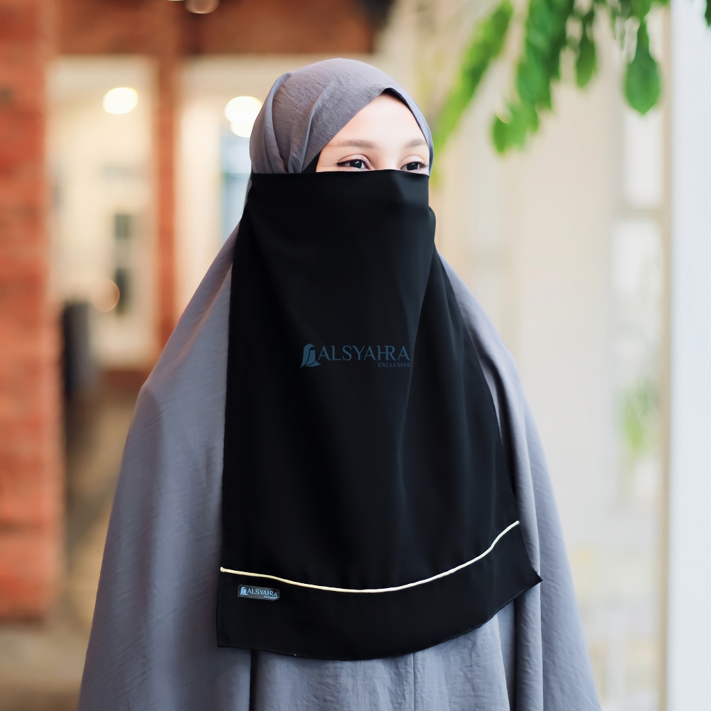 Alsyahra Exclusive - Cadar Tali Karet List Gold Sifon Silk Jetblack Arab