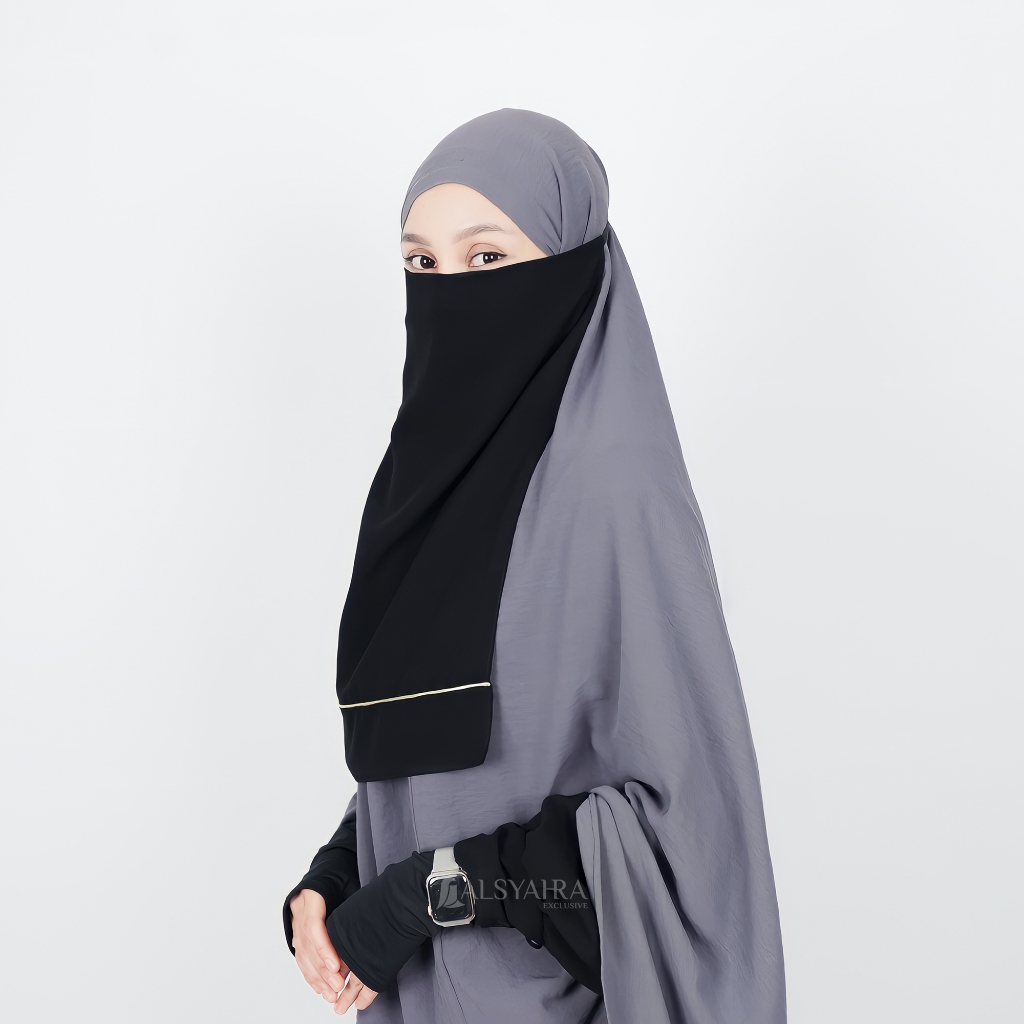 Alsyahra Exclusive - Cadar Tali Karet List Gold Sifon Silk Jetblack Arab