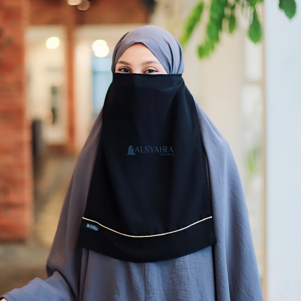Alsyahra Exclusive - Cadar Tali Karet List Gold Sifon Silk Jetblack Arab
