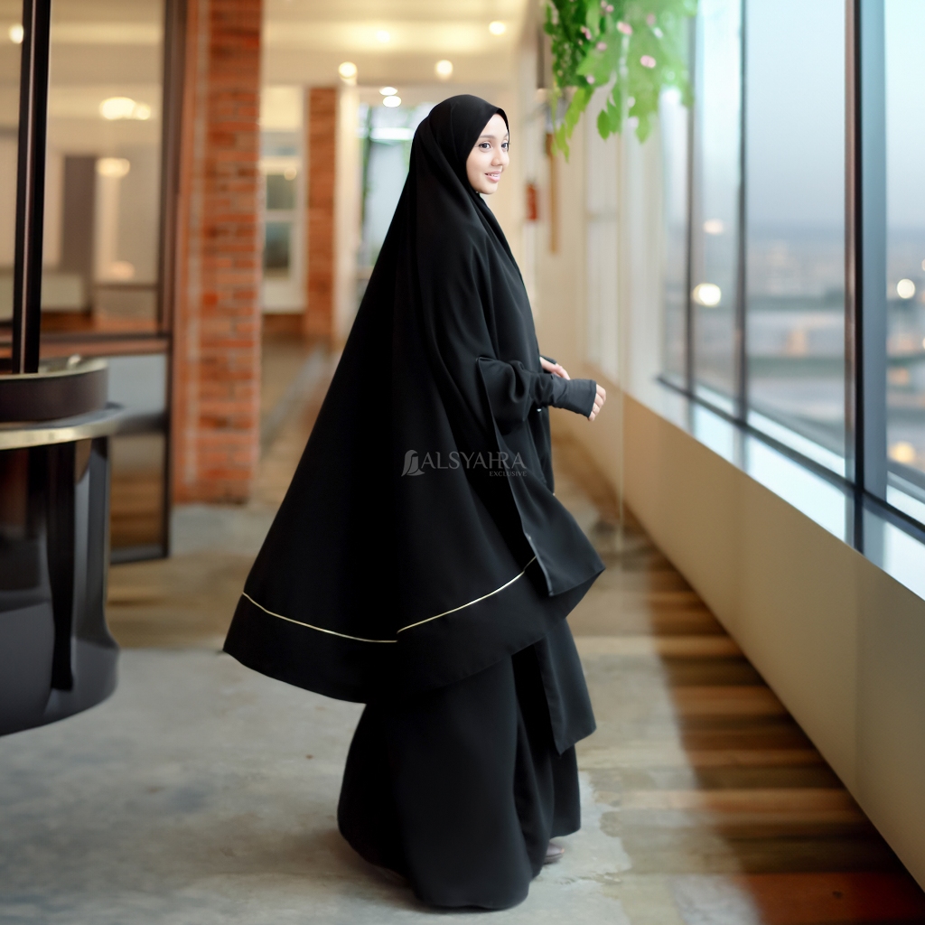 Alsyahra Exclusive - Set Khimar Syari Handsplit List Gold Cadar Tali Jetblack Size XXL