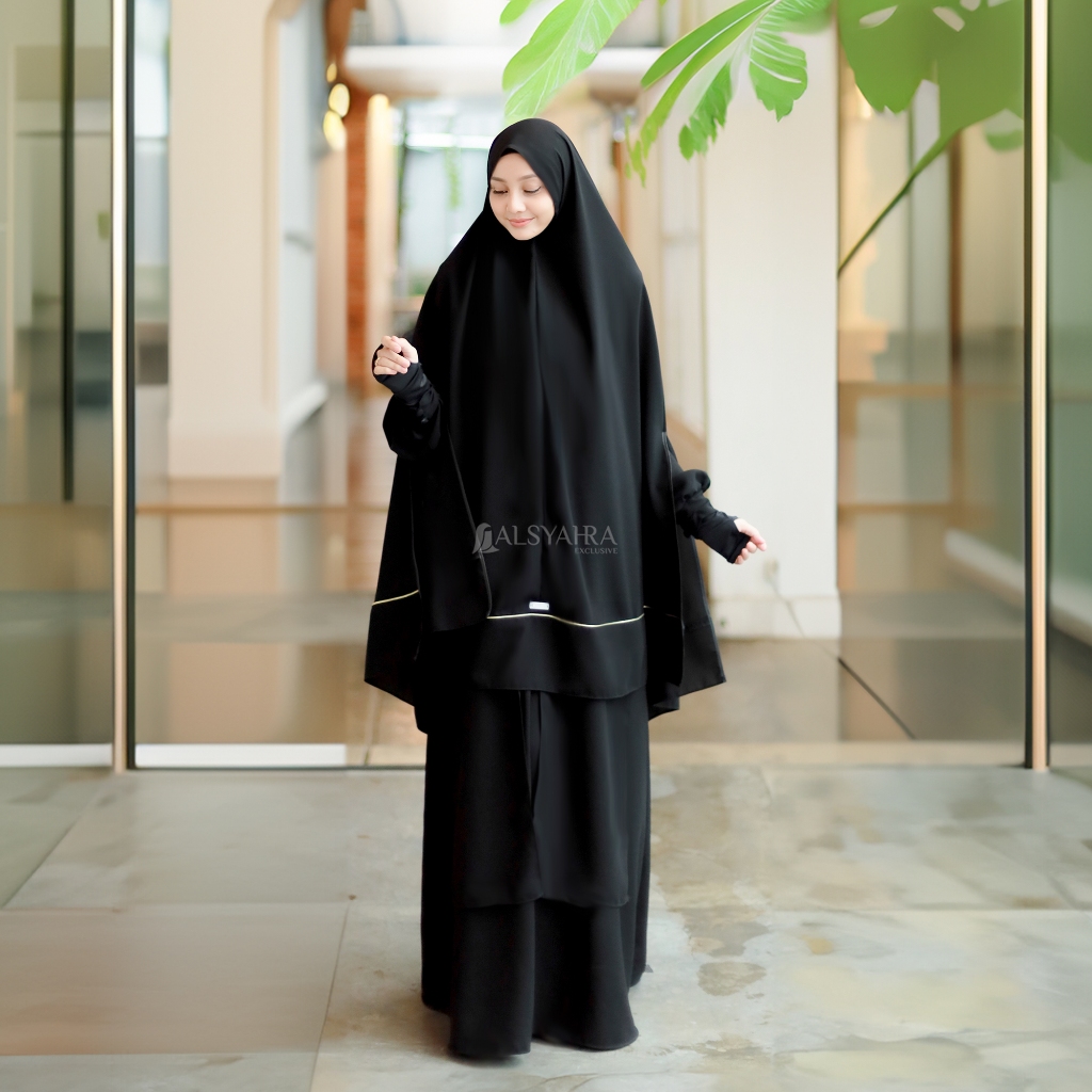 Alsyahra Exclusive - Set Khimar Syari Handsplit List Gold Cadar Tali Jetblack Size XXL