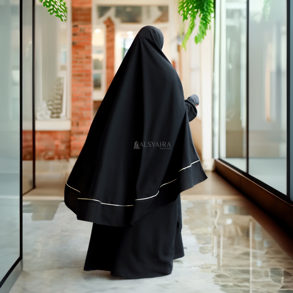 Alsyahra Exclusive - Set Khimar Syari Handsplit List Gold Cadar Tali Jetblack Size XXL