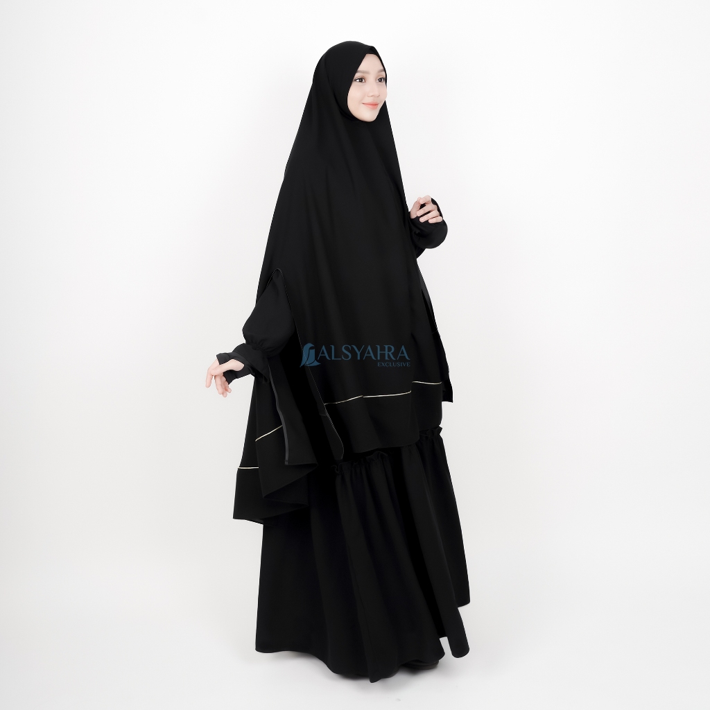 Alsyahra Exclusive - Set Khimar Syari Handsplit List Gold Cadar Tali Jetblack Size XXL