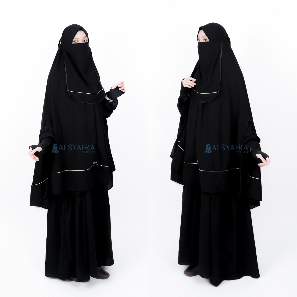 Alsyahra Exclusive - Set Khimar Syari Handsplit List Gold Cadar Tali Jetblack Size XXL
