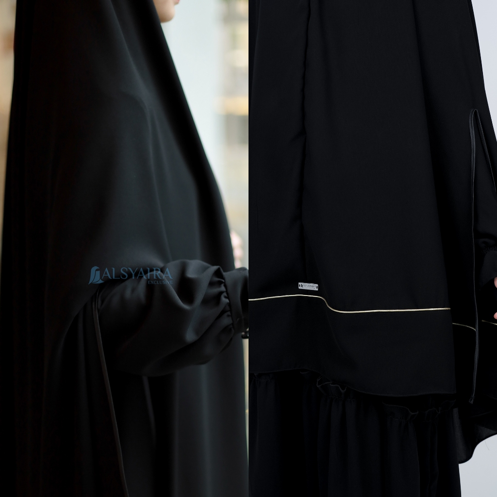 Alsyahra Exclusive - Set Khimar Syari Handsplit List Gold Cadar Tali Jetblack Size XXL