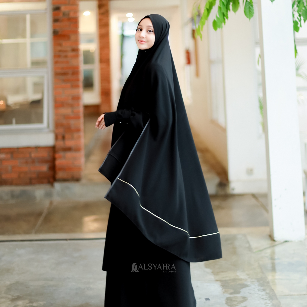 Alsyahra Exclusive - Set Khimar Syari Handsplit List Gold Cadar Tali Jetblack Size XXL