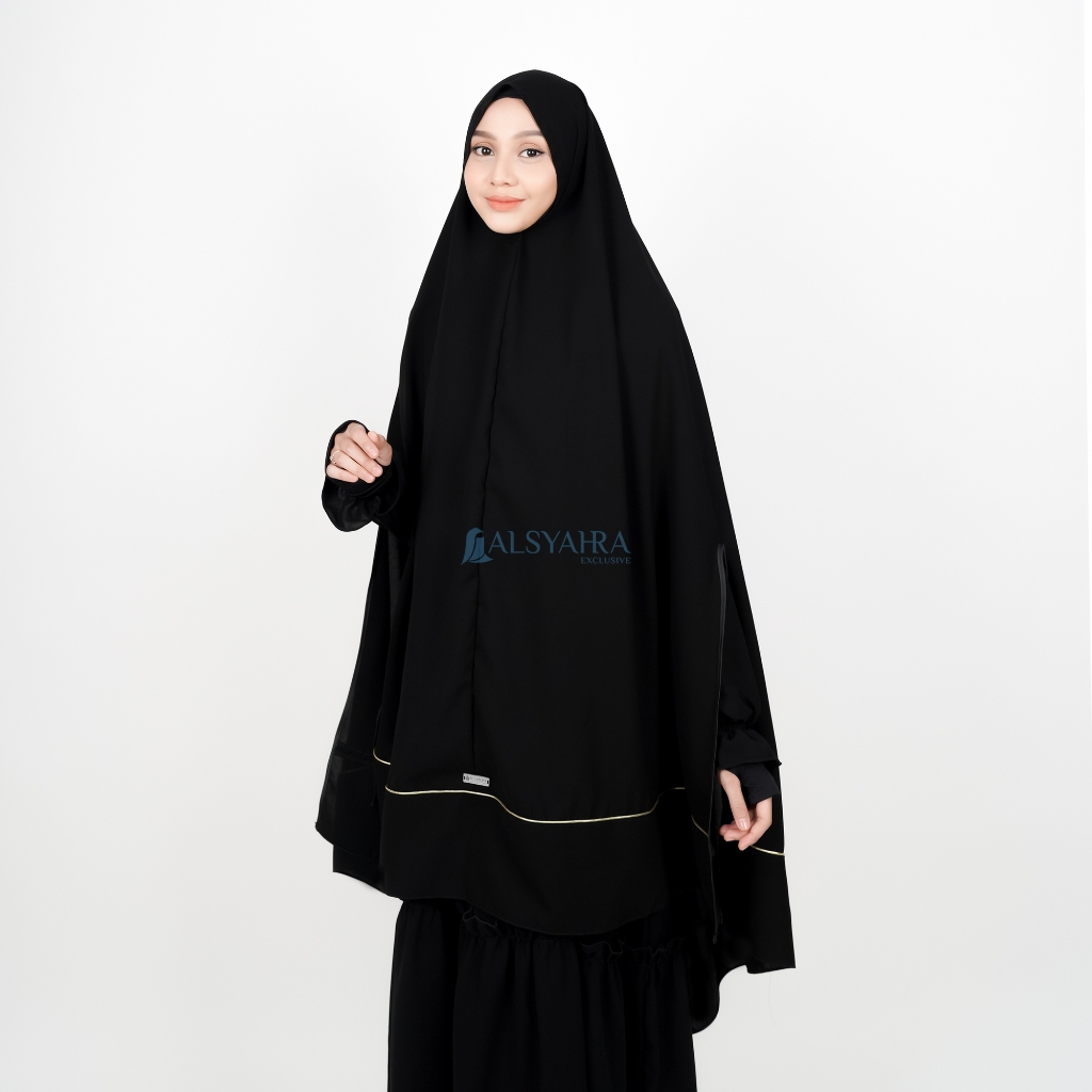 Alsyahra Exclusive - Set Khimar Syari Handsplit List Gold Cadar Tali Jetblack Size XXL