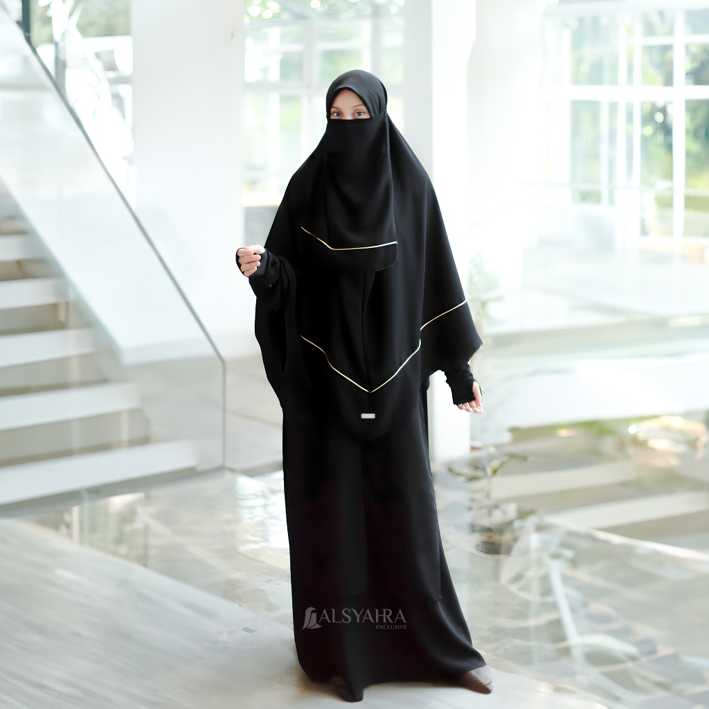 Alsyahra Exclusive - Set Khimar Instan Syari Aisyah List Gold Lancip Cadar Tali Jetblack