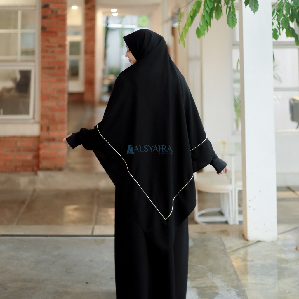 Alsyahra Exclusive - Set Khimar Instan Syari Aisyah List Gold Lancip Cadar Tali Jetblack