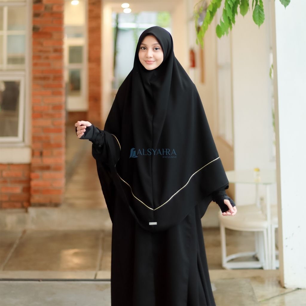 Alsyahra Exclusive - Set Khimar Instan Syari Aisyah List Gold Lancip Cadar Tali Jetblack