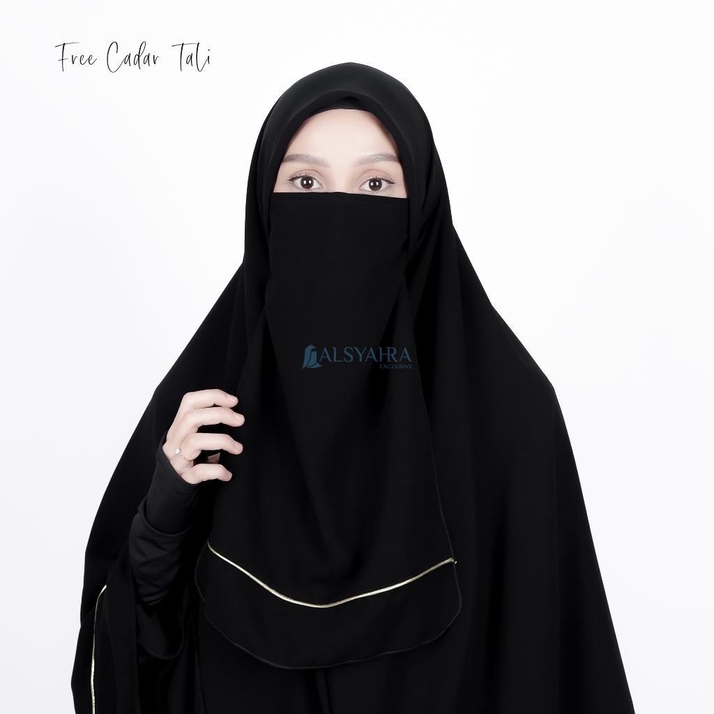 Alsyahra Exclusive - Set Khimar Instan Syari Aisyah List Gold Lancip Cadar Tali Jetblack