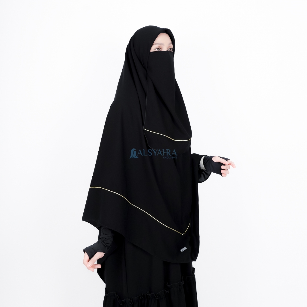 Alsyahra Exclusive - Set Khimar Instan Syari Aisyah List Gold Lancip Cadar Tali Jetblack