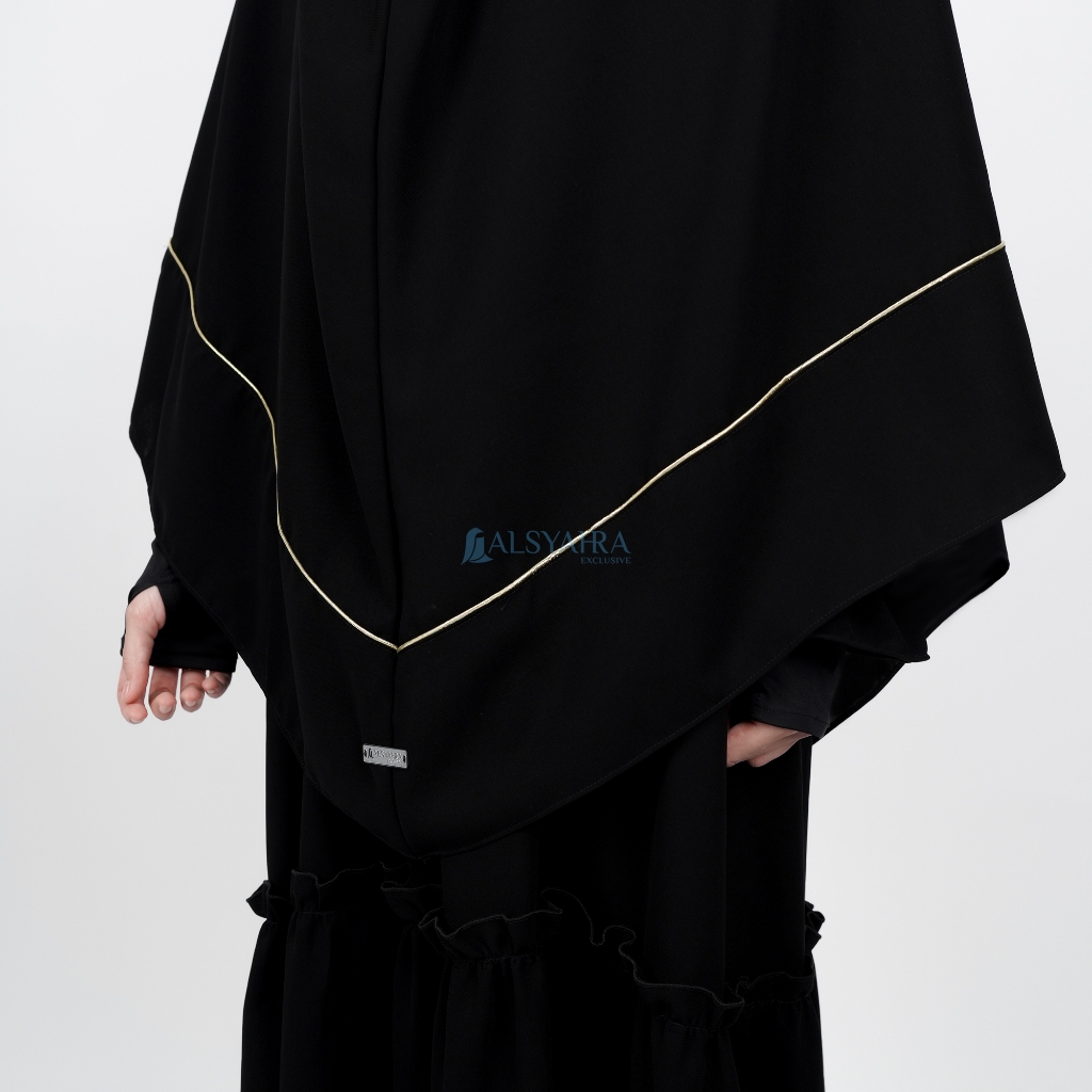 Alsyahra Exclusive - Set Khimar Instan Syari Aisyah List Gold Lancip Cadar Tali Jetblack