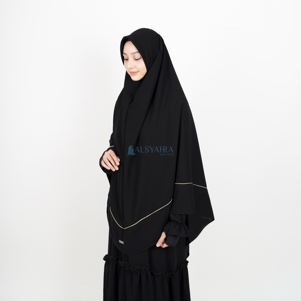 Alsyahra Exclusive - Set Khimar Instan Syari Aisyah List Gold Lancip Cadar Tali Jetblack