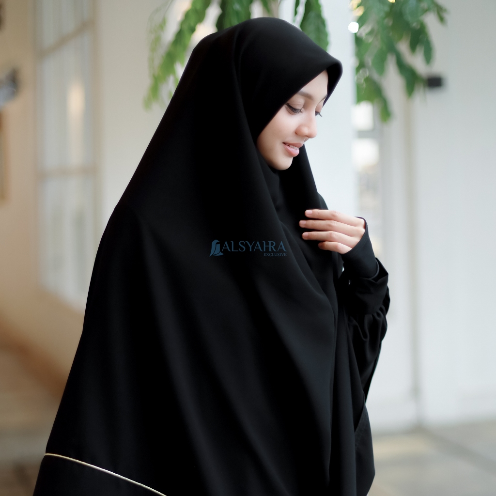 Alsyahra Exclusive - Set Khimar Instan Syari Aisyah List Gold Lancip Cadar Tali Jetblack