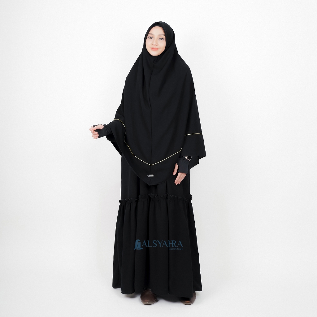 Alsyahra Exclusive - Set Khimar Instan Syari Aisyah List Gold Lancip Cadar Tali Jetblack