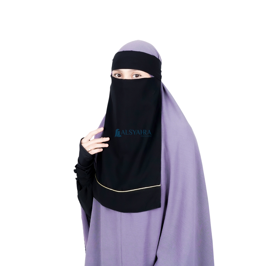 Alsyahra Exclusive - Niqab Bandana List Gold Sifon Silk Jetblack Arab