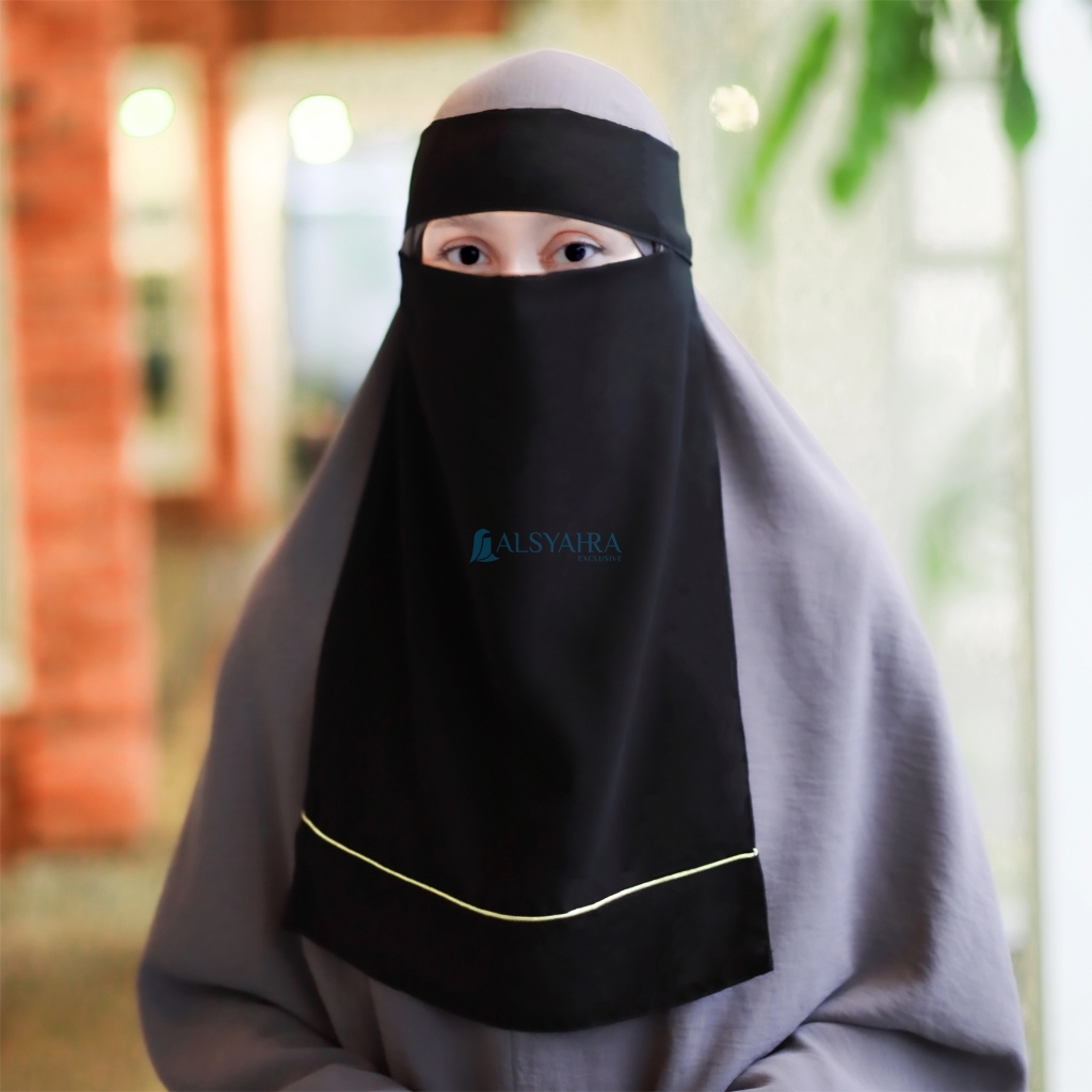 Alsyahra Exclusive - Niqab Bandana List Gold Sifon Silk Jetblack Arab