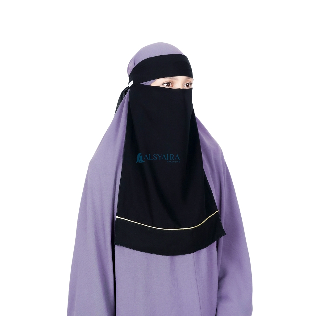 Alsyahra Exclusive - Niqab Bandana List Gold Sifon Silk Jetblack Arab