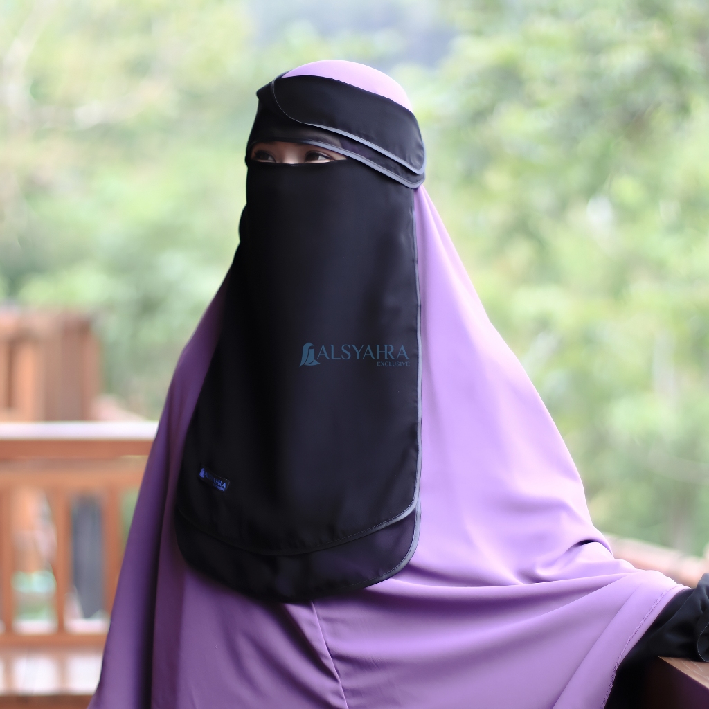 Alsyahra Exclusive - Niqab Poni 2 Layer Bisban Hijrah Sifon Silk Jetblack Arab