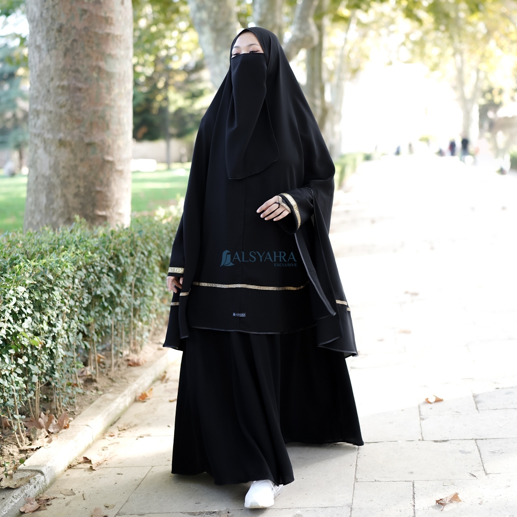 Alsyahra Exclusive - Set Khimar Syari Handsplit Kiswah Bisban Cadar Tali Soft Jetblack