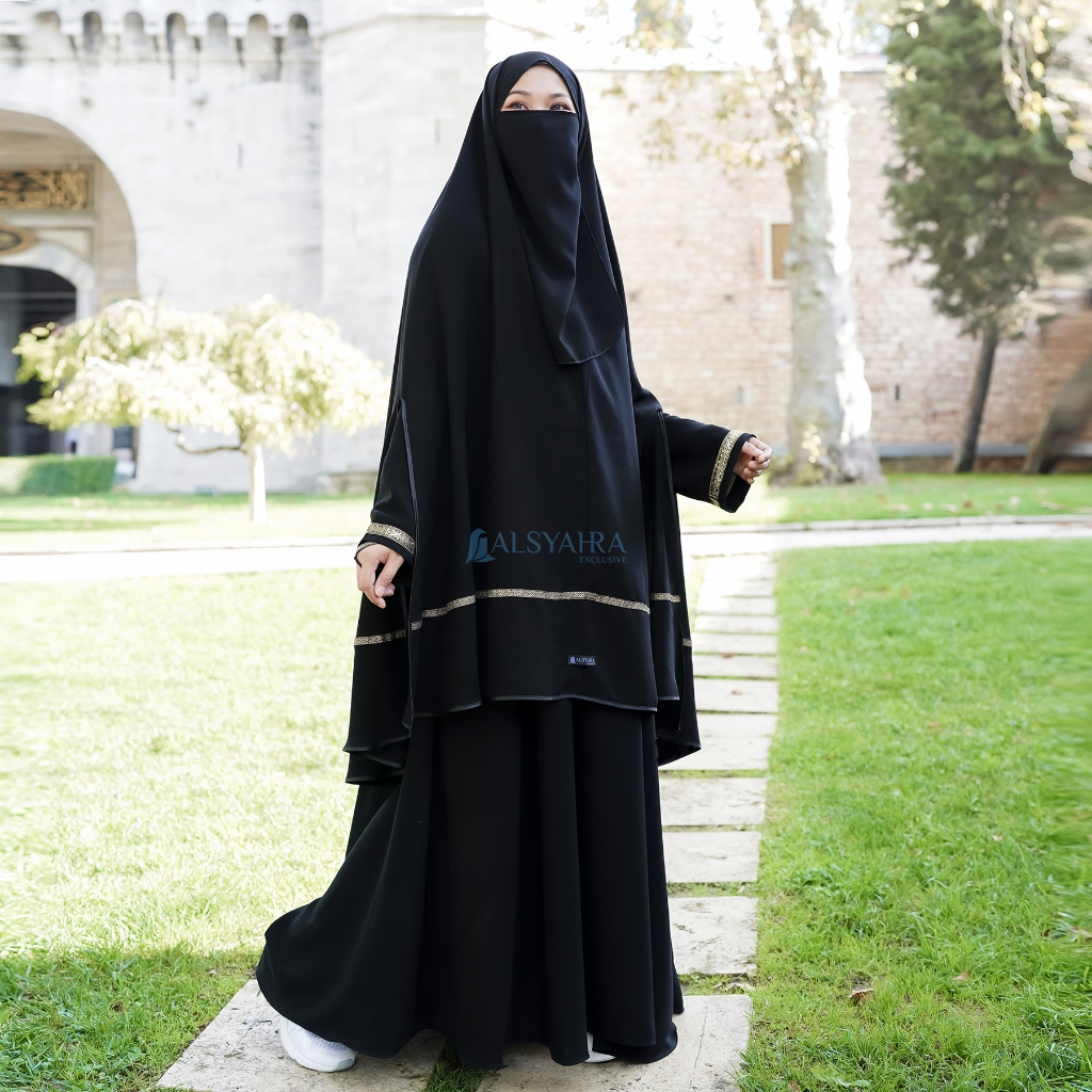 Alsyahra Exclusive - Set Khimar Syari Handsplit Kiswah Bisban Cadar Tali Soft Jetblack