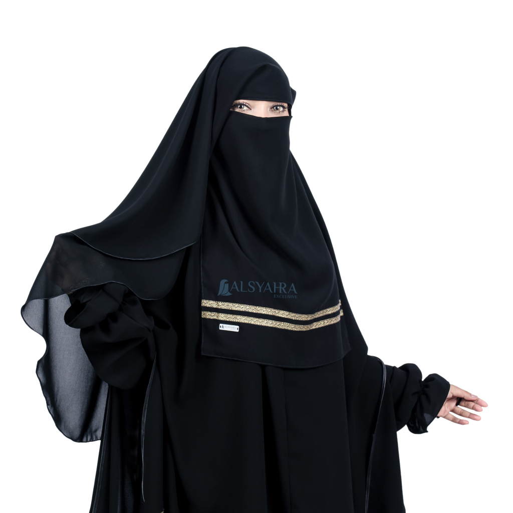 Niqab Yaman Kiswah Stripe 2 Layer Sifon Silk Jetblack Alsyahra Exclusive