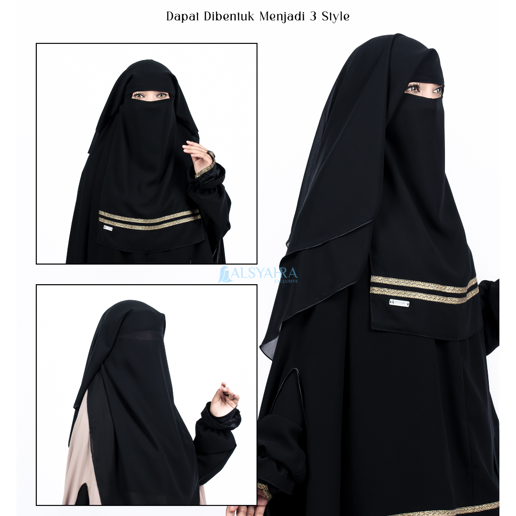 Niqab Yaman Kiswah Stripe 2 Layer Sifon Silk Jetblack Alsyahra Exclusive