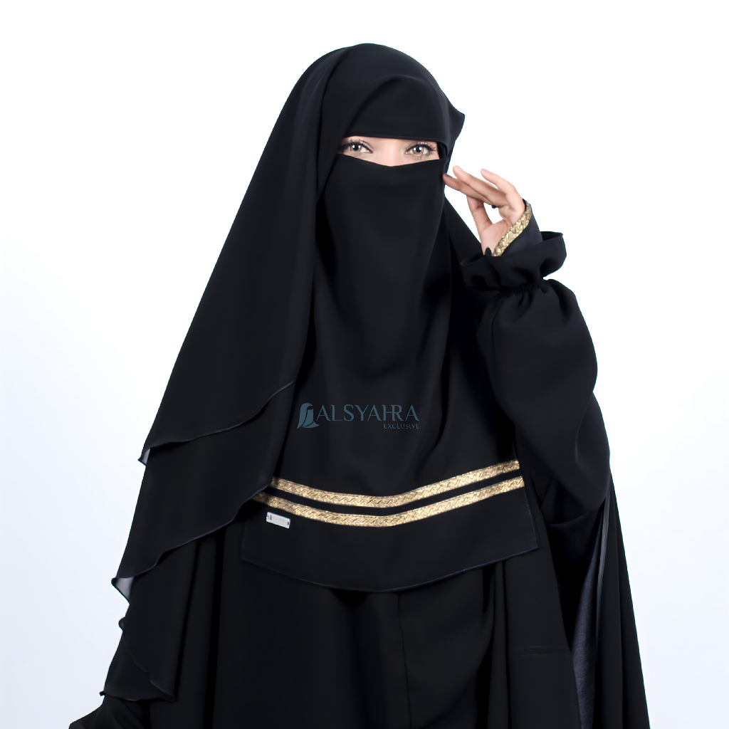 Niqab Yaman Kiswah Stripe 2 Layer Sifon Silk Jetblack Alsyahra Exclusive