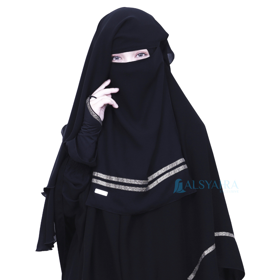 Niqab Yaman Kiswah Stripe 2 Layer Sifon Silk Jetblack Alsyahra Exclusive