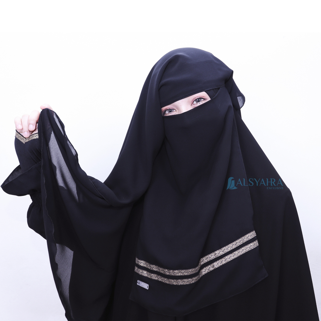Niqab Yaman Kiswah Stripe 2 Layer Sifon Silk Jetblack Alsyahra Exclusive