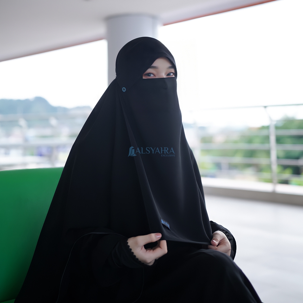Alsyahra Exclusive - Niqab Poni Kancing Raudhah Sifon Silk Jetblack