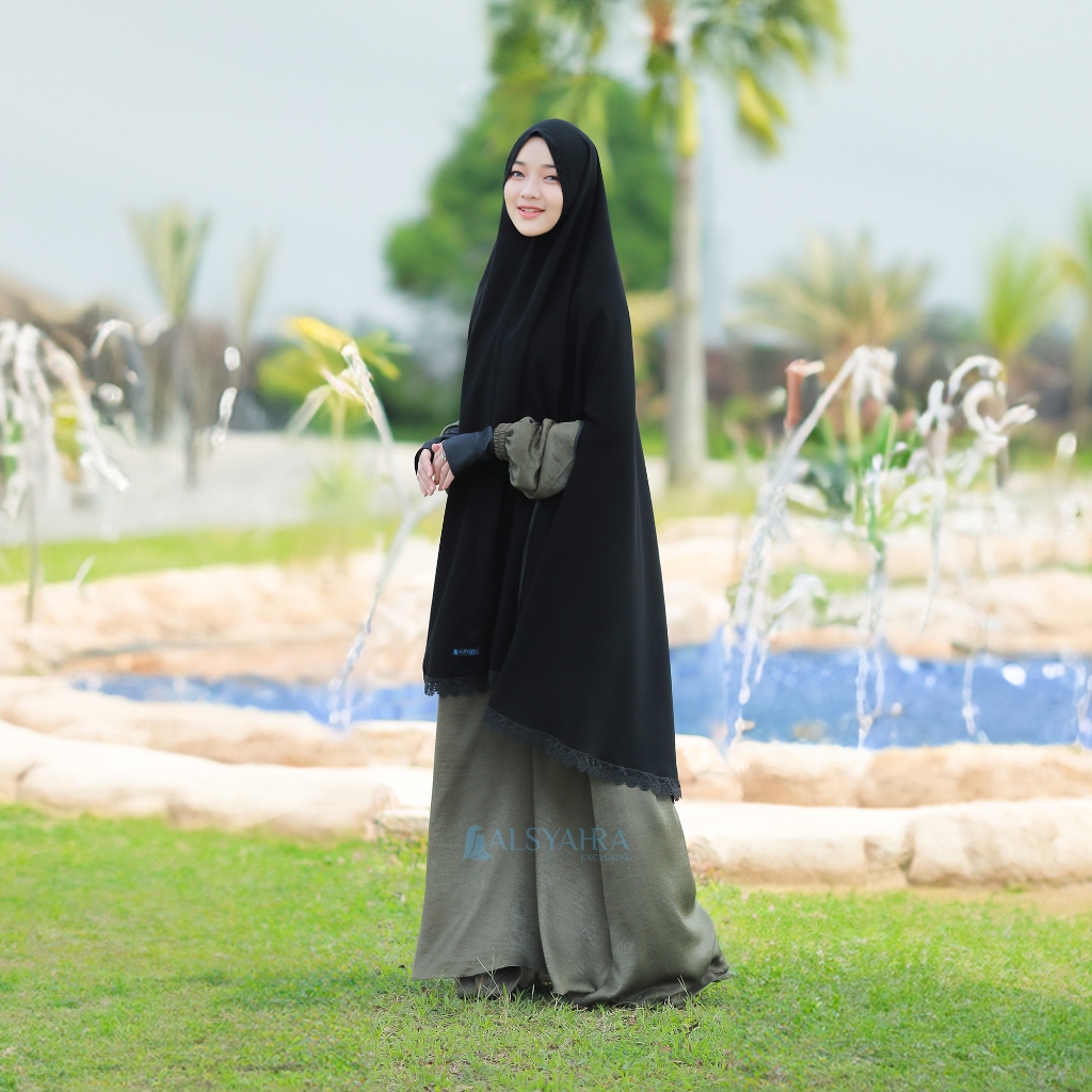 Alsyahra Exclusive - Set Khimar Syari Handsplit Al Shams Niqab Poni Jetblack