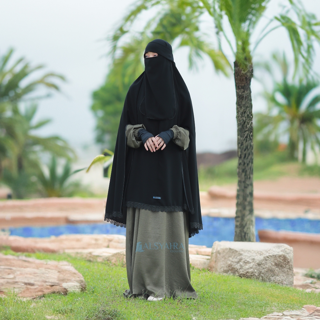 Alsyahra Exclusive - Set Khimar Syari Handsplit Al Shams Niqab Poni Jetblack