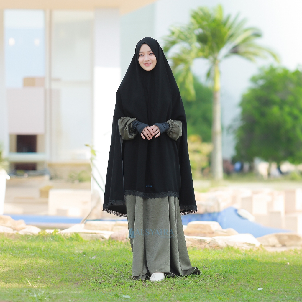 Alsyahra Exclusive - Set Khimar Syari Handsplit Al Shams Niqab Poni Jetblack